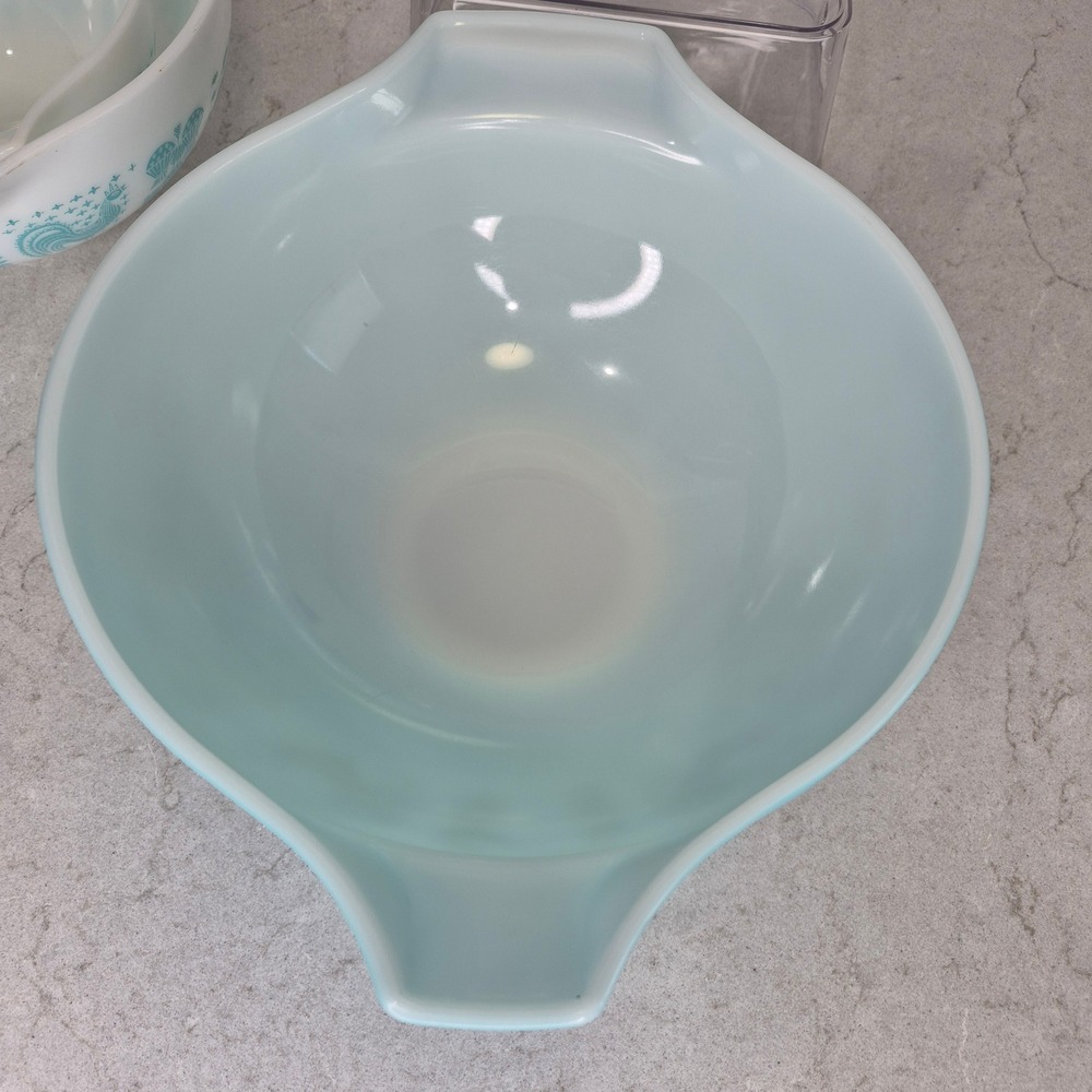 Pyrex Mixing Bowls Butterprint Amish 3 Piece Set Turquoise White - Picture 6 of 16